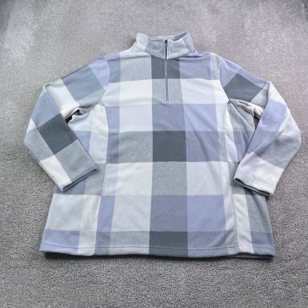 Lands End Sweatshirt Womens 1X Blue Grey Plaid Quarter Zip‎ Fleece Pullover Cozy